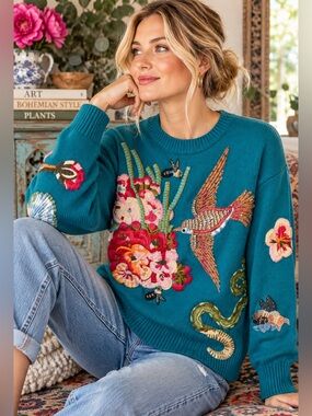 Embroidered  Birds & Bees Floral Sweater